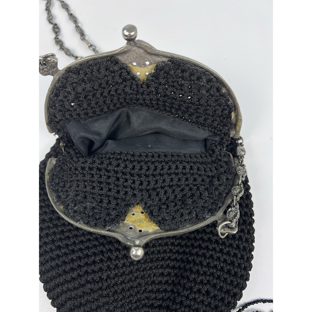 Vintage Antique Crochet Evening Bag Ribbon Embroidery Roses Filigree Frame Black - Picture 6 of 9